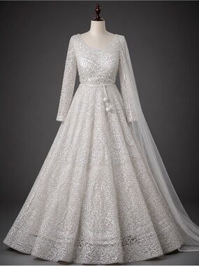Elegant White Embellished Bridal Gown with Long Sleeves